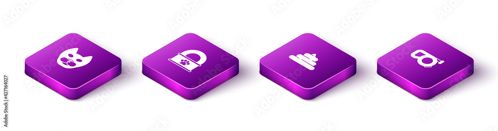 Set Isometric Cat, Canned food, Shit and Retractable cord leash icon. Vector Set Isometric Cat, Canned food, Shit and Retractable cord leash icon. Vector