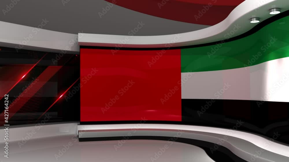 TV studio. Dubai flag studio. Dubai flag background. News studio. The