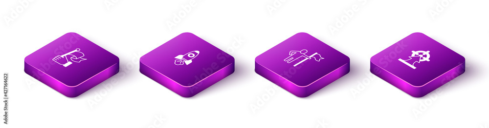 Set Isometric Hand holding flag, Rocket ship, Man and Target icon. Vector Set Isometric Hand holding flag, Rocket ship, Man and Target icon. Vector