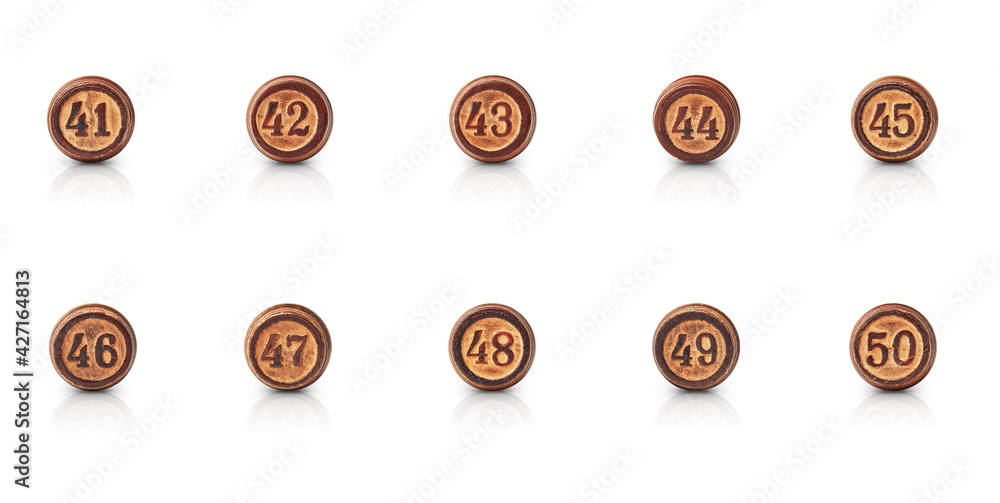 the numbers from forty-one to fifty carved in round pieces of wood are isolated on a white background with shadow and reflection the numbers from forty-one to fifty carved in round pieces of wood are isolated on a white background with shadow and reflection