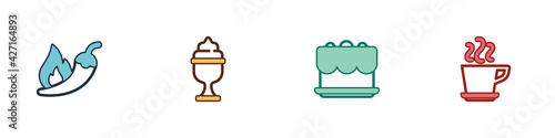 Set Hot chili pepper pod, Ice cream in bowl, Cake and Coffee cup icon. Vector
