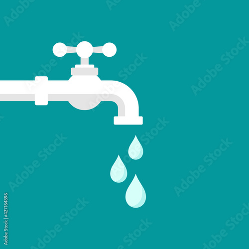 water tap with classic old valve and drop or droplet. flat icon isolated on blue.