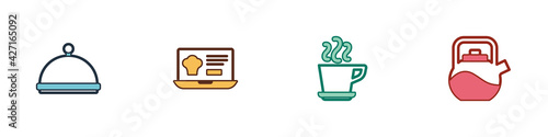 Set Covered with tray, Online ordering and delivery, Coffee cup and Kettle handle icon. Vector