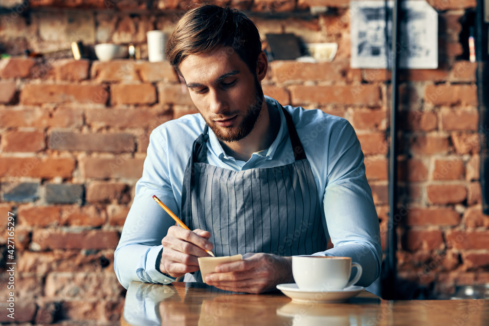 man aprons waiter professionals work service coffee shop man aprons waiter professionals work service coffee shop