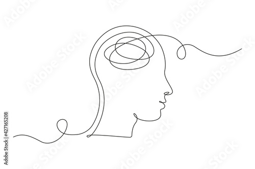 Continuous one line drawing of a person with confused feelings worried about bad mental health. Problems, failure and grief concept. Lineart Vector illustration