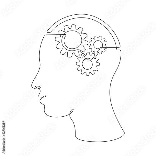 Cog wheels in head in One single Line drawing for logo, emblem, web banner, presentation. Continuous lineart concept of creativity mind. Simple Vector illustration