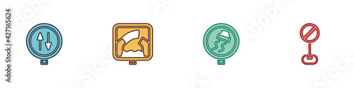 Set Road warning two way traffic, Drawbridge ahead, Slippery road and Stop sign icon. Vector