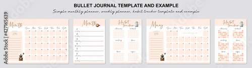 Simple monthly planner, weekly planner, habit tracker template and example. Template for agenda, schedule, planners, checklists, bullet journal, notebook and other stationery.