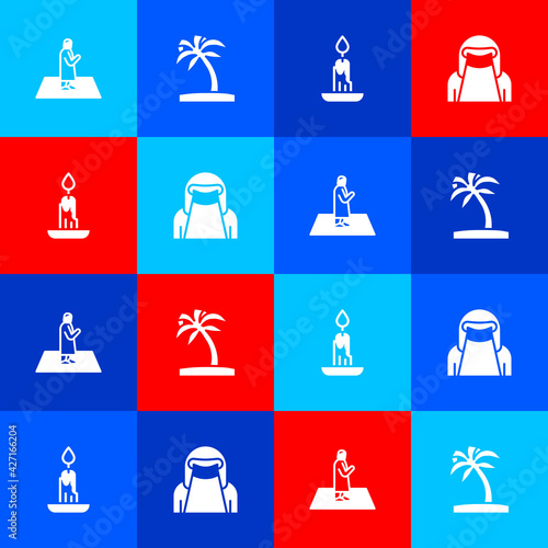 Set Muslim man prays, Tropical palm tree, Burning candle and woman niqab icon. Vector