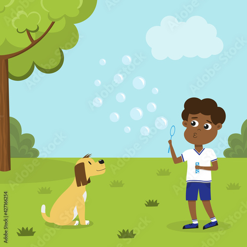Kid with a bottle of soap bubbles outside and a dog looking at him. Cute boy blowing bubbles on a green lawn. Happy childhood concept. Summer activities. Isolated flat vector illustration.