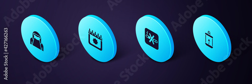 Set Isometric Ramadan Kareem lantern, No Smoking, calendar and Muslim woman niqab icon. Vector