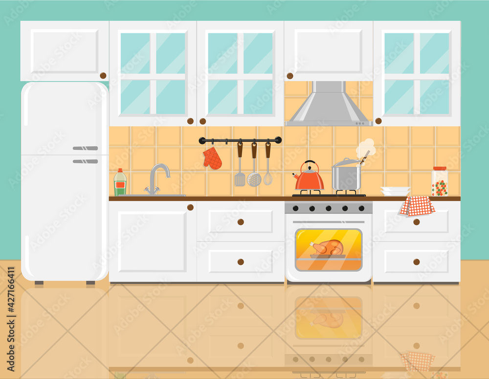 Cozy kitchen with white furniture, glass cupboard, refrigerator and food on gas stove and inside the oven. Kitchen interior with glazy floor. Flat vector illustration. Cozy kitchen with white furniture, glass cupboard, refrigerator and food on gas stove and inside the oven. Kitchen interior with glazy floor. Flat vector illustration.