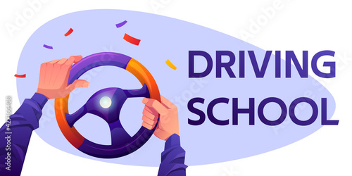 Driving school cartoon banner with driver hands on car steering wheel and confetti falling. Auto lessons for license, educational courses advertisement with man in automobile, Vector illustration