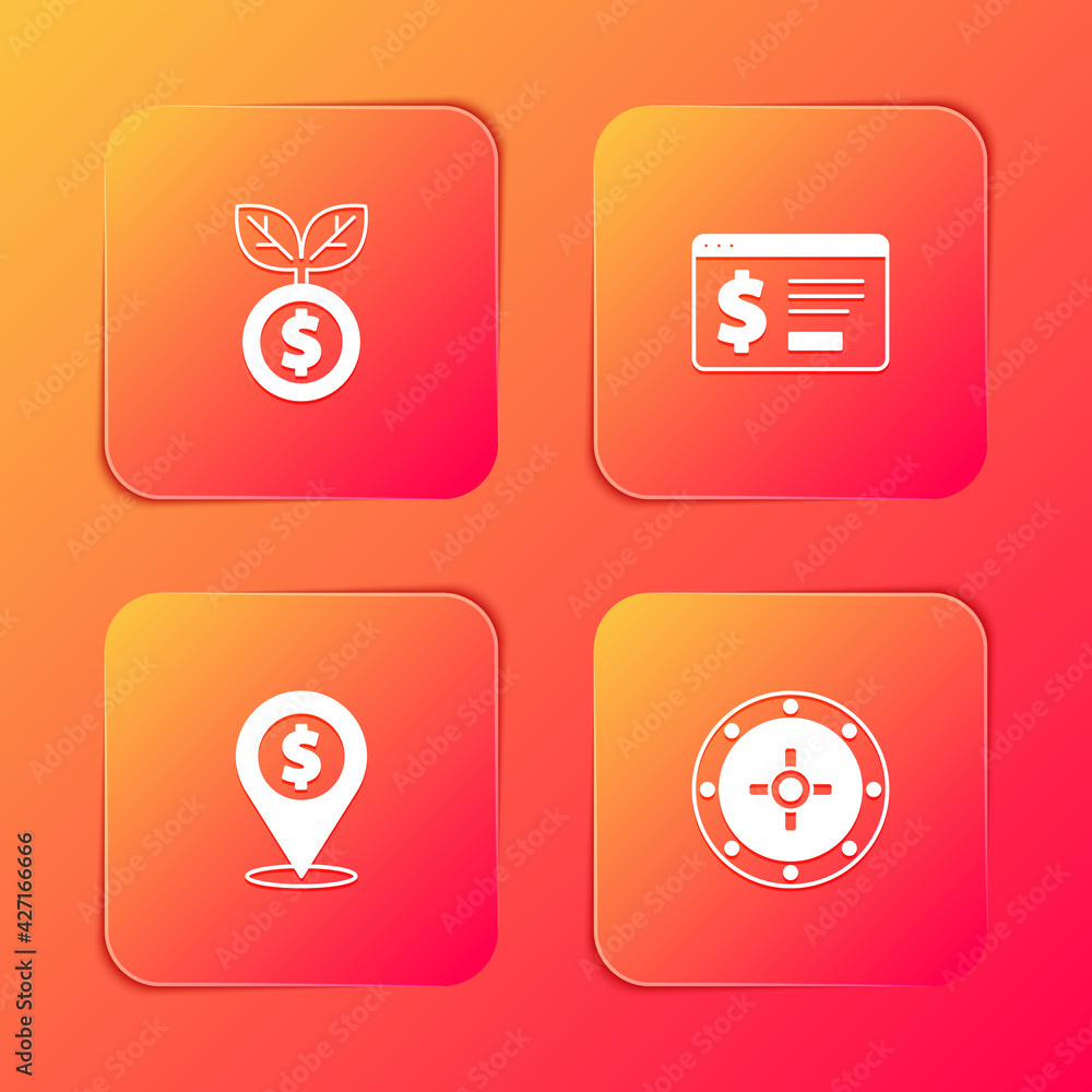 Set Dollar plant, Online banking with dollar, Cash location and Safe icon. Vector Set Dollar plant, Online banking with dollar, Cash location and Safe icon. Vector
