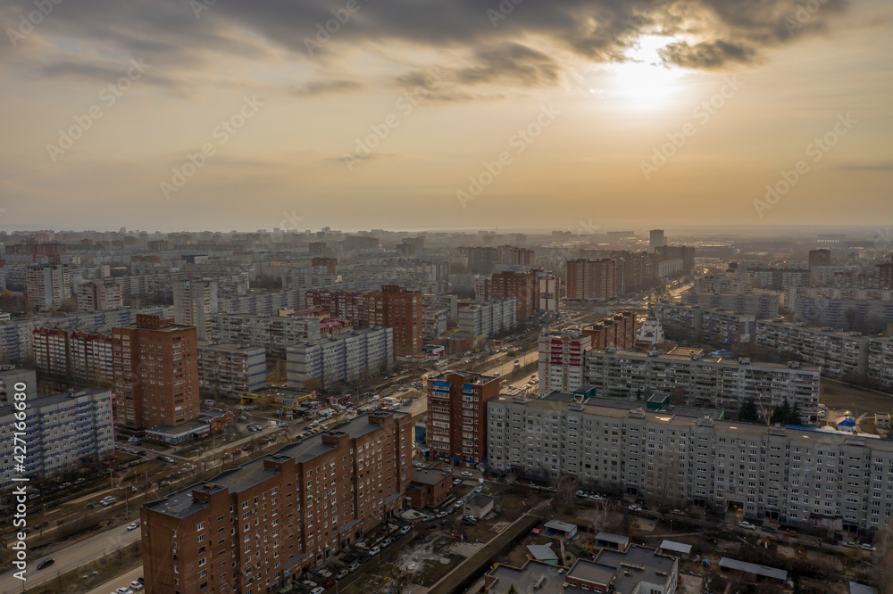 Sunset over the city of Togliatti overlooking the Avtozavodsky district. Photo from a quadcopter