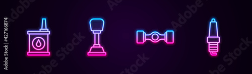 Set line Canister for motor oil, Gear shifter, Chassis car and Car spark plug. Glowing neon icon. Vector