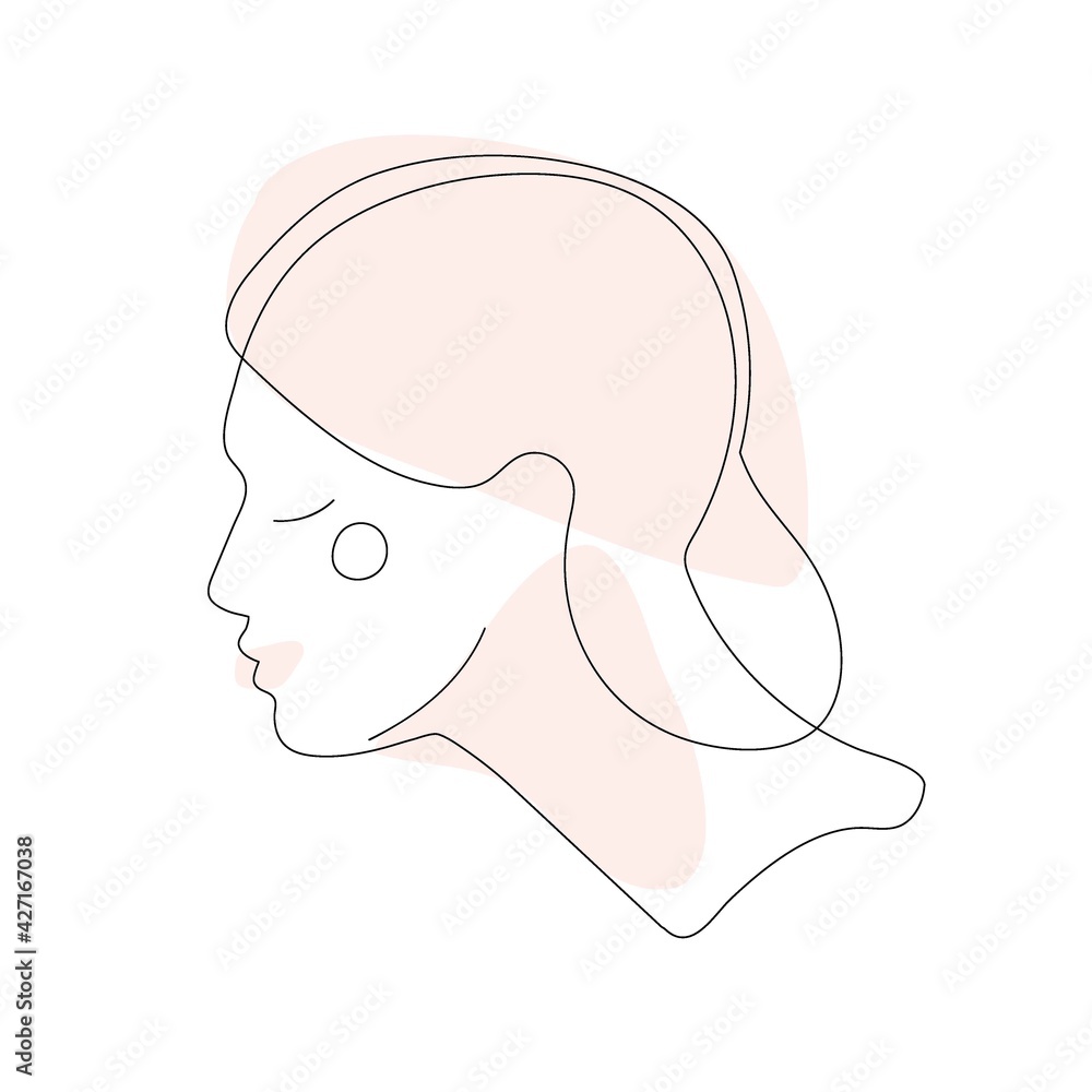 Abstract minimal woman portrait line drawing. Young woman. Hand drawn Vector illuctration for wall decoration, postcard or brochure cover design. Portrait from side to profile. Logo, icon, label Abstract minimal woman portrait line drawing. Young woman. Hand drawn Vector illuctration for wall decoration, postcard or brochure cover design. Portrait from side to profile. Logo, icon, label