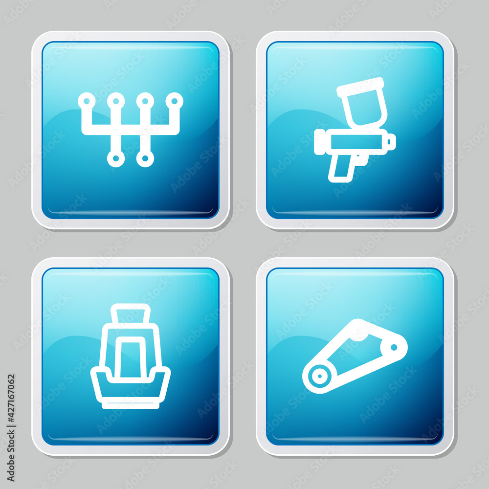Set line Gear shifter, Paint spray gun, Car seat and Timing belt kit icon. Vector Set line Gear shifter, Paint spray gun, Car seat and Timing belt kit icon. Vector