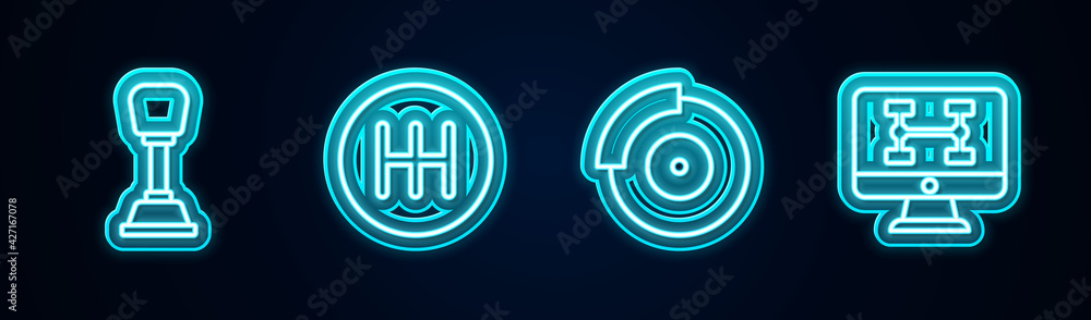 Set line Gear shifter, , Car brake disk with caliper and Diagnostics condition of car. Glowing neon icon. Vector Set line Gear shifter, , Car brake disk with caliper and Diagnostics condition of car. Glowing neon icon. Vector