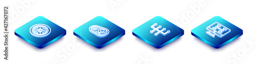 Set Isometric line Car wheel, headlight, Gear shifter and Diagnostics condition of car icon. Vector