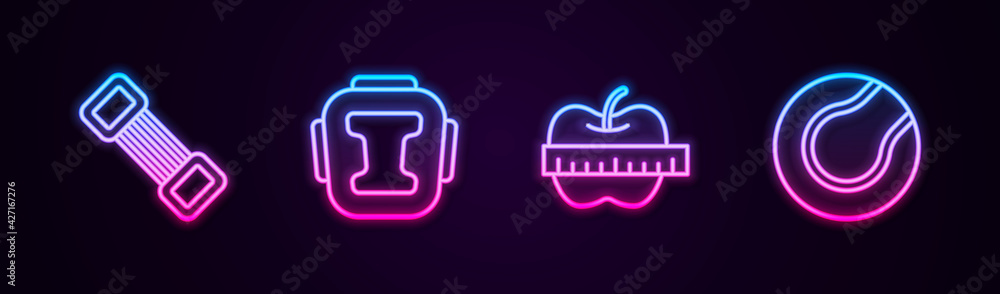 Set line Chest expander, Boxing helmet, Apple measuring tape and Tennis ball. Glowing neon icon. Vector Set line Chest expander, Boxing helmet, Apple measuring tape and Tennis ball. Glowing neon icon. Vector