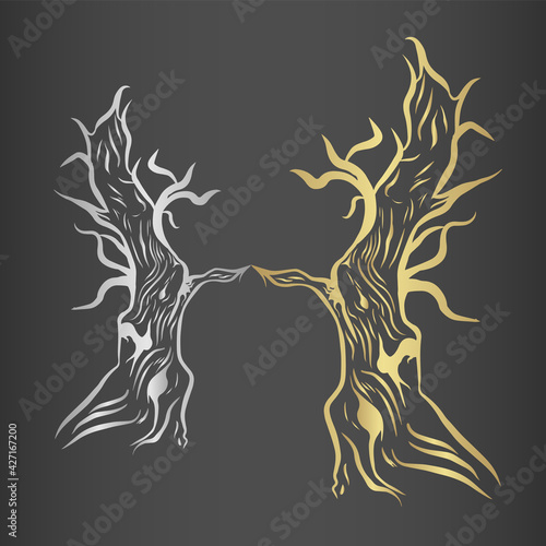 Abstract contrast gold and silver lined drawing of family tree and strong tribe, vector with dark gradient background, positive picture with strong theme, power, roots, relationship, connection, bond