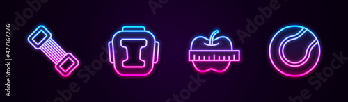 Set line Chest expander, Boxing helmet, Apple measuring tape and Tennis ball. Glowing neon icon. Vector