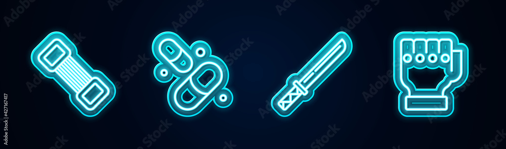 Set line Chest expander, Vitamin pill, Japanese katana and MMA glove. Glowing neon icon. Vector Set line Chest expander, Vitamin pill, Japanese katana and MMA glove. Glowing neon icon. Vector