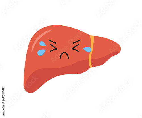 Sad sick unhealthy fibrosis liver character. Vector isolated illustration in flat and cartoon style on white background