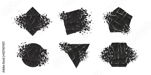 Shape shattered and explodes flat style design vector illustration set isolated on white background. Triangle, hexagon, square, pentagon and rhombus shapes in grayscale gradient exploding collection