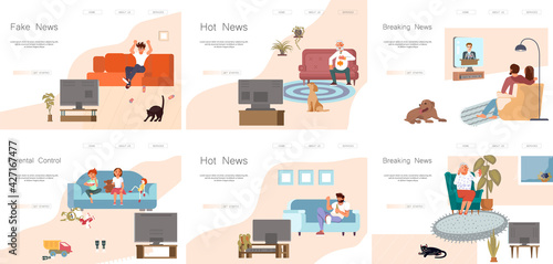 Set of Landing webpage template viewers watching TV