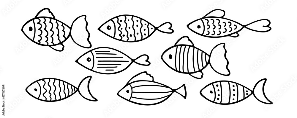 Set of vector stylized fishes. Collection of aquarium fish. Linear Art. Illustration for children. Sketch of fish vector icons isolated on white background. Set of varieties cartoon fishes