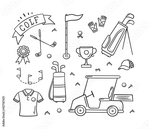 Golf equipment - club, ball, flag, bag and golf cart in doodle style. Golf Wear. Hand drawn vector illustration on white background