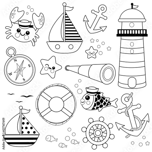 Sailor sea animals and nautical illustrations. Vector black and white coloring page