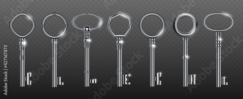 Decorative keys made of silver or steel, vintage collection for lock, door or treasure. Shiny symbols of secret, clues, security and privacy, realistic 3d vector set isolated on transparent background