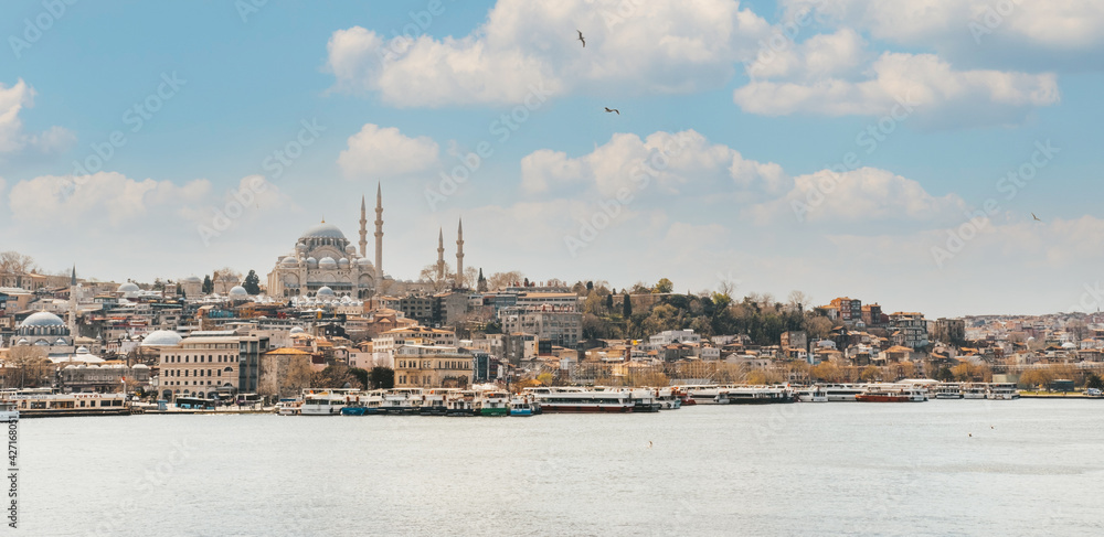 Panorama of Istanbul. The beautiful Suleymaniye mosque against the blue sky. 