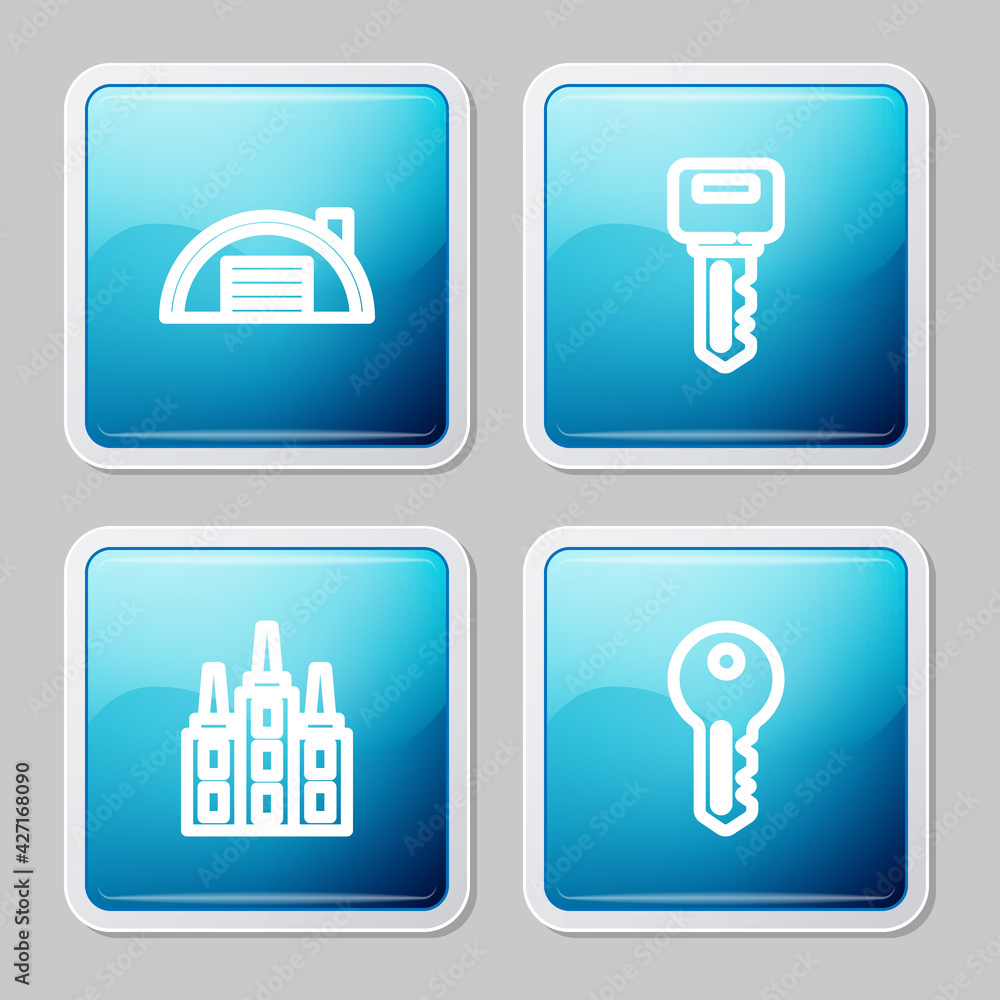 Set line Warehouse, House key, Skyscraper and icon. Vector Set line Warehouse, House key, Skyscraper and icon. Vector