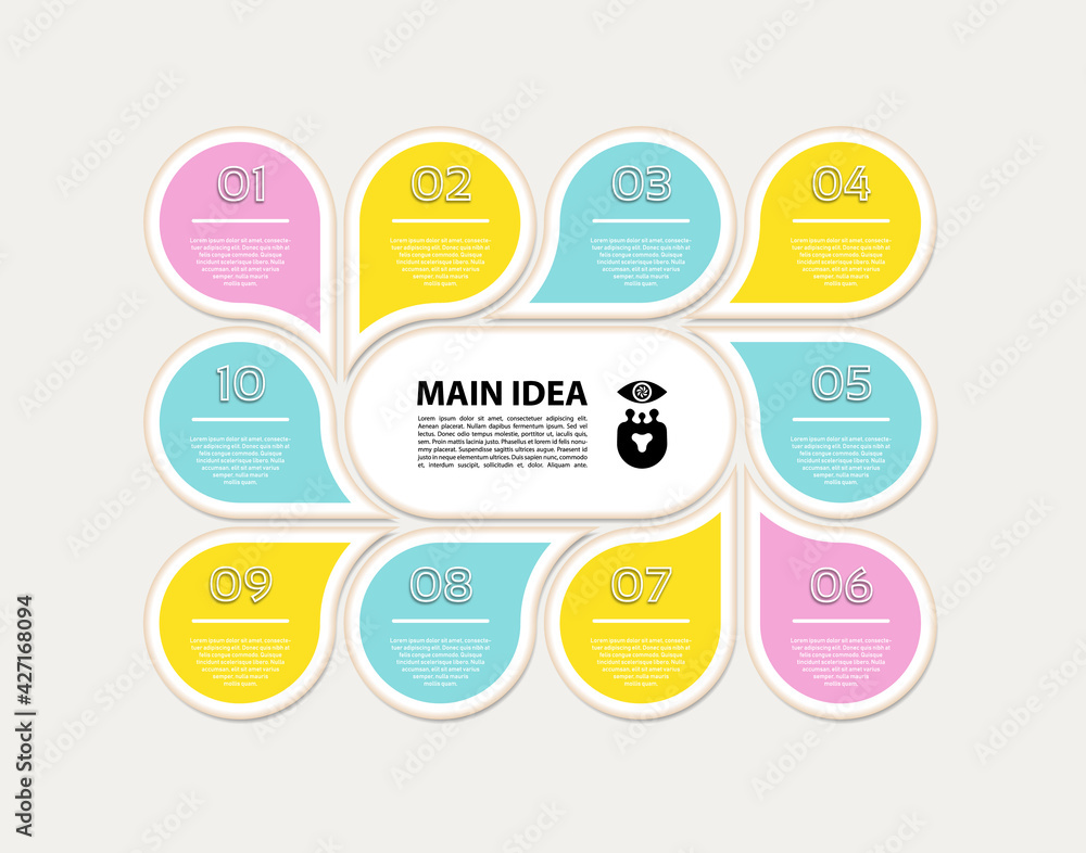 Vector circle info graphic. Template for cycle diagram, graph, presentation and round chart. Business concept with 10 options, parts, steps or processes. Abstract background. Vector circle info graphic. Template for cycle diagram, graph, presentation and round chart. Business concept with 10 options, parts, steps or processes. Abstract background.
