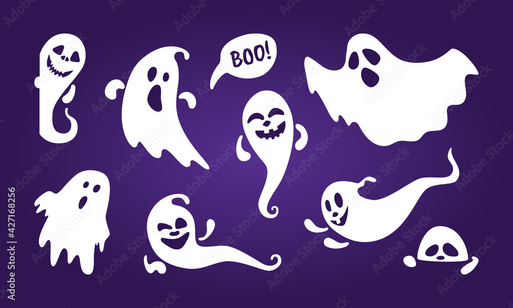 Cute ghost holiday characters flat style design vector illustration set isolated on dark background. Halloween Haunted boo spooky symbol flying above the ground.