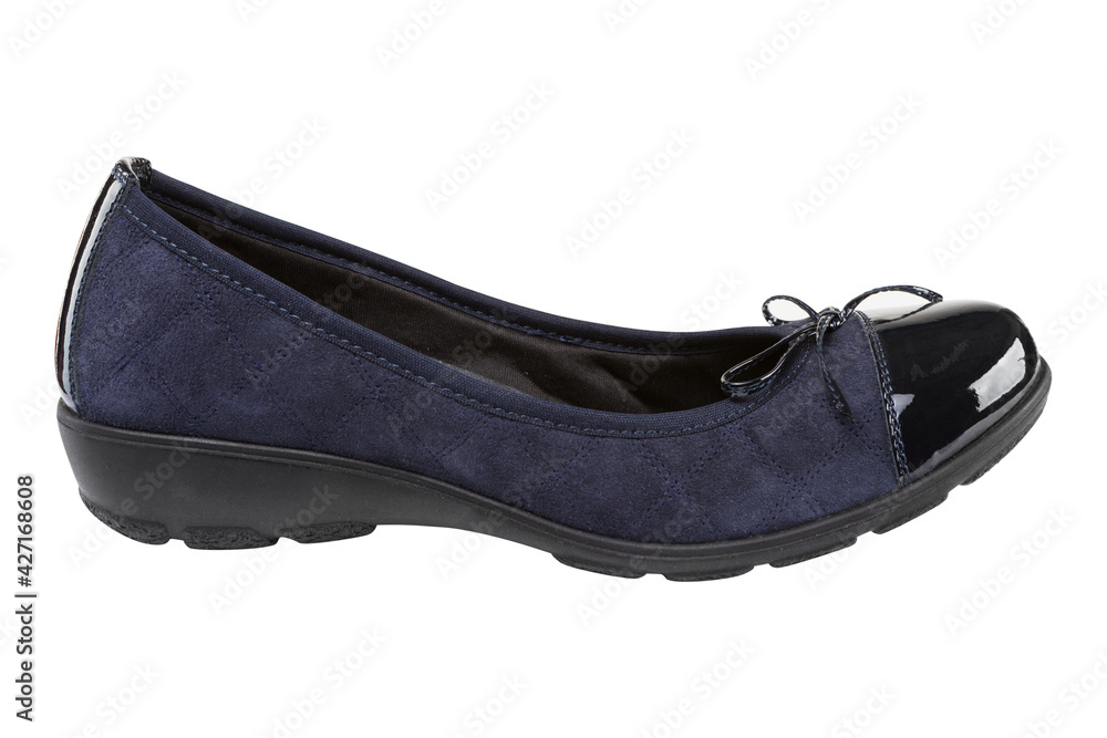 One blue women's shoe made of suede leather, low-soled with a protector, on a white background One blue women's shoe made of suede leather, low-soled with a protector, on a white background