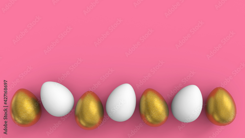 Minimalist Easter composition. Golden and white decorated eggs in row on pink background. Trendy color concept. Happy Easter greeting card with copyspace.