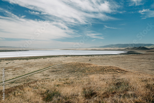 Carrizo Plain National Monument  San Luis Obispo County  California. Soda Lake  desert with native plants  hills  mountains  and cloudy sky background