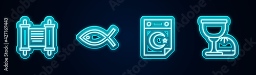 Set line Decree, paper, parchment, scroll, Christian fish, Star and crescent and Holy grail or chalice. Glowing neon icon. Vector