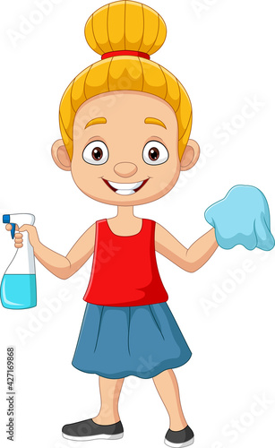 Cartoon little girl with sprayer bottle and rag