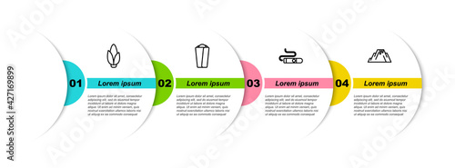 Set line Corn, Burrito, Cigar and Volcano eruption with lava. Business infographic template. Vector