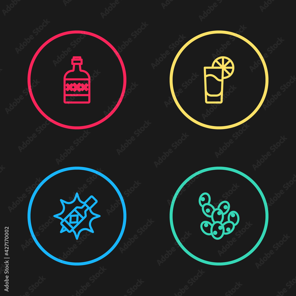 Set line Tabasco sauce, Cactus, Tequila glass with lemon and bottle icon. Vector Set line Tabasco sauce, Cactus, Tequila glass with lemon and bottle icon. Vector