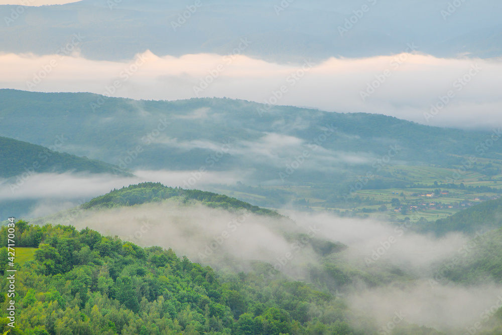 beautiful summer day the mountains are covered with thick fog. Nature landscape.