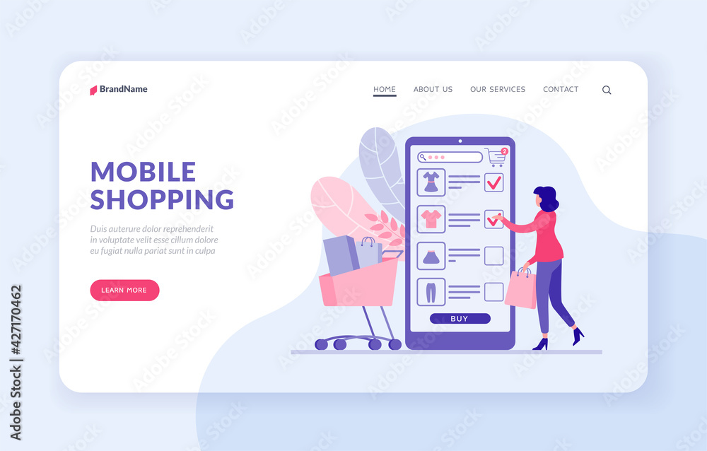 Mobile shopping landing page website banner template. Woman buys clothes in mobile web application vector flat illustration. Female character sends items she likes to online shopping cart Mobile shopping landing page website banner template. Woman buys clothes in mobile web application vector flat illustration. Female character sends items she likes to online shopping cart