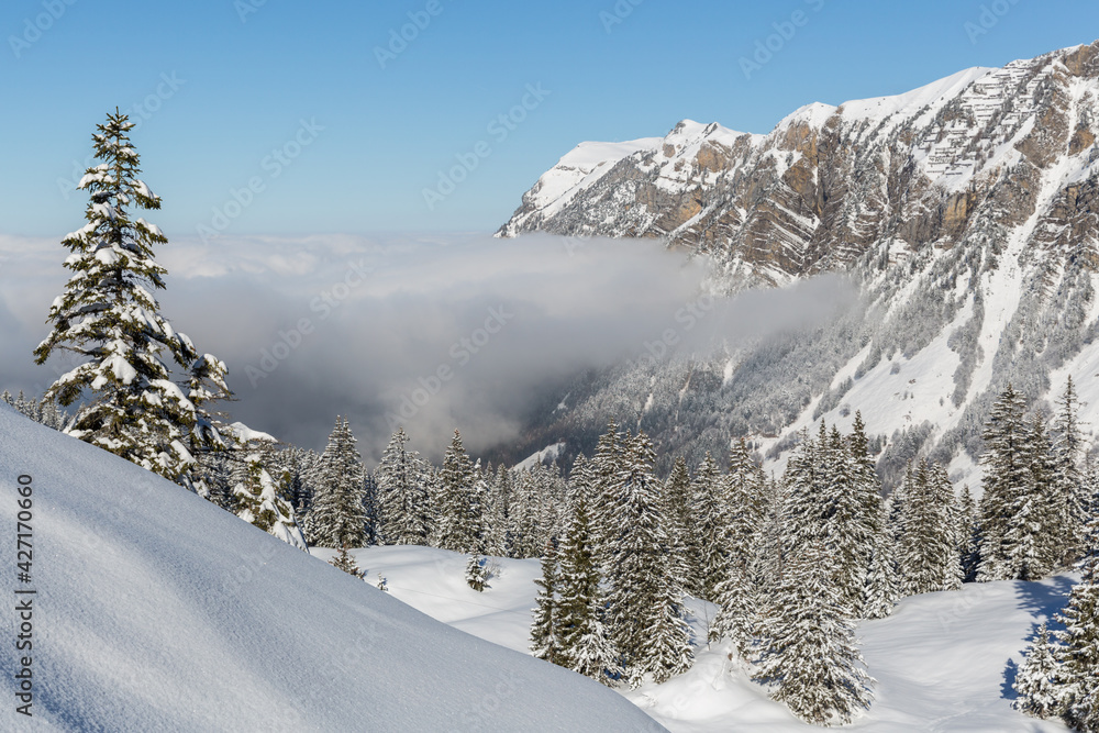 snow covered alpine winter landscape with Fronalpstock mountain in Uri