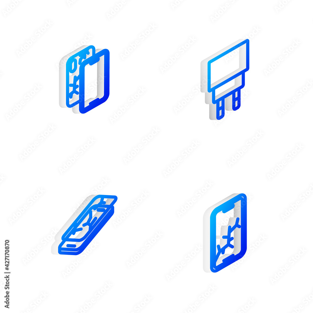 Set Isometric line Charger, Mobile with broken screen, and icon. Vector Set Isometric line Charger, Mobile with broken screen, and icon. Vector